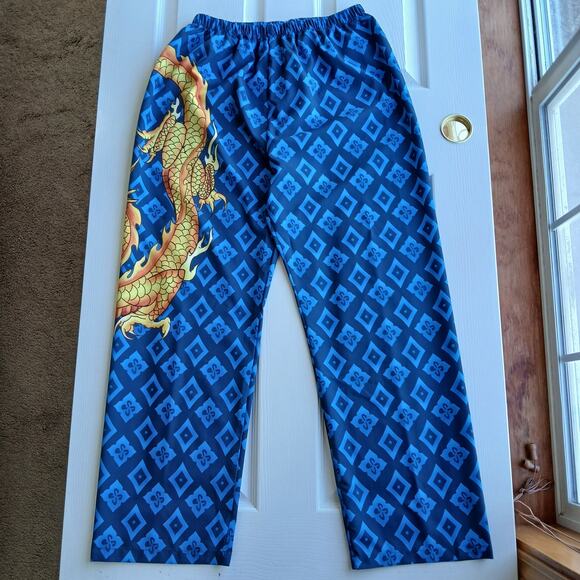 Blue Argyle Golden Dragon Graphic Print PJ Pants Large pajama bottoms trousers - Picture 2 of 13